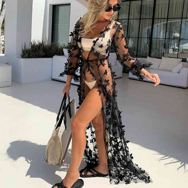 

Musuos Summer Women Beach Kimono Cardigan Tops Sexy Sheer Mesh 3D Butterflies Tie Perspective Beachwear Bathing Blouse Shirt X0521, Black