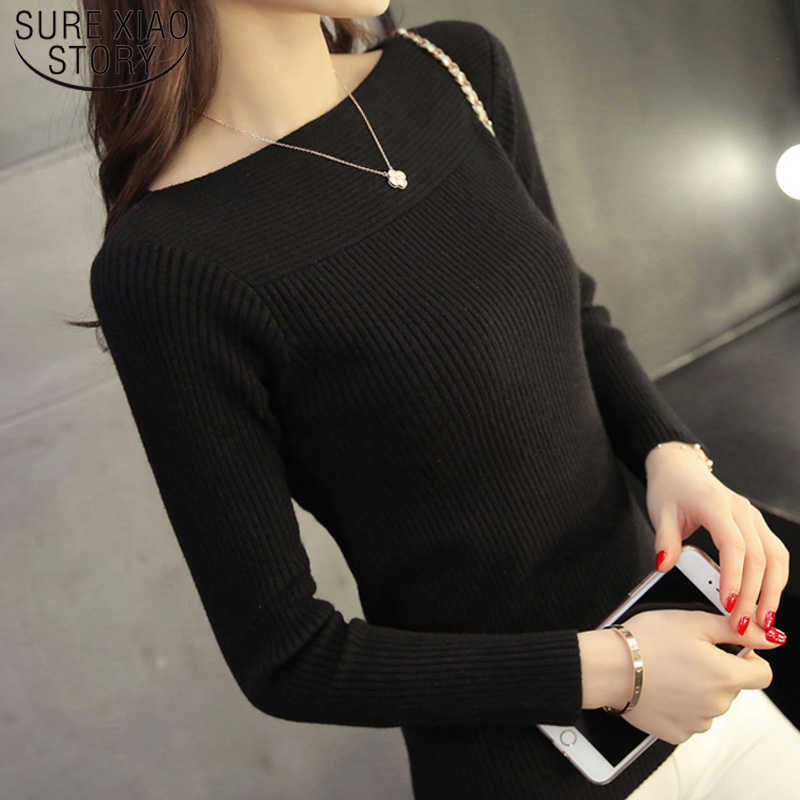 

Korean Autumn Winter Solid Women Collar Sweater All-match Long Sleeved Shirt Slim One-neck Female Thread Tight Pullover 6737 50 210527, Gray