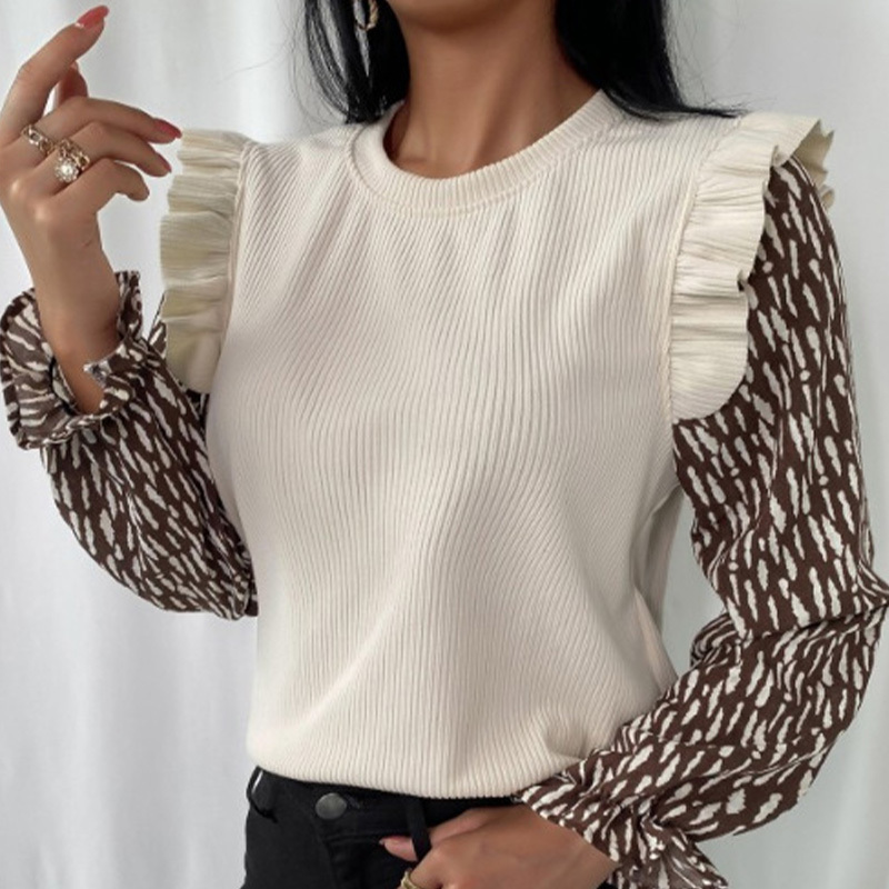 

Women Blouse Ruffles Patchwork Long Sleeve Woman Blouses O-Neck Korea Casual Fashion Spring Pullover Tops For Girls 210518, Black