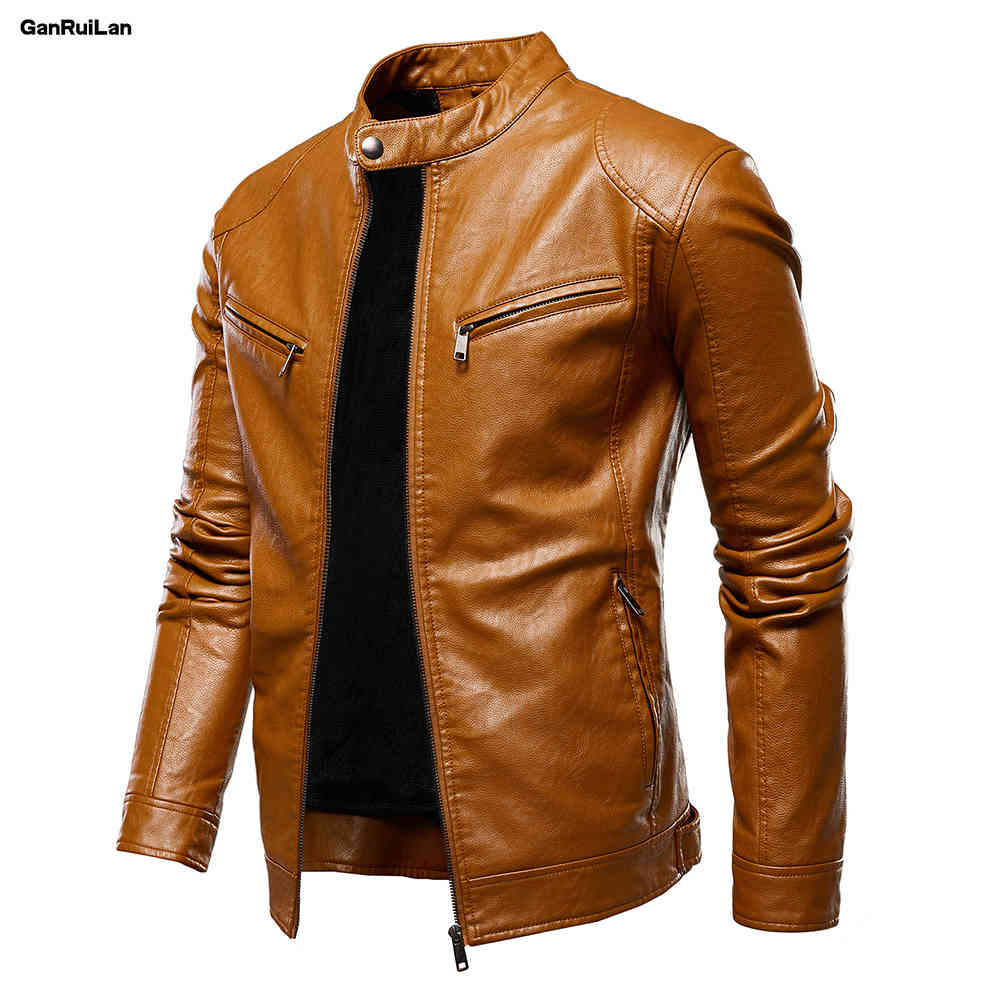 

Style Men Casual Leather Jacket Winter Warm Thick Male PU Coats Streetwear Solid Fashion Leather Bomber Jacket Zipper 210518, Khaki color