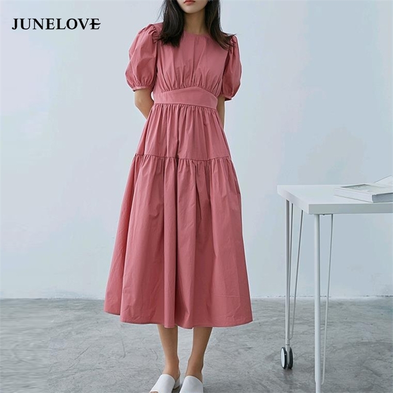 

Women Summer Puff Sleeve O-Neck Back Lace-Up Sexy Long Dress Elegant Loose Style Casual Boho Vestidos 210517, Purple