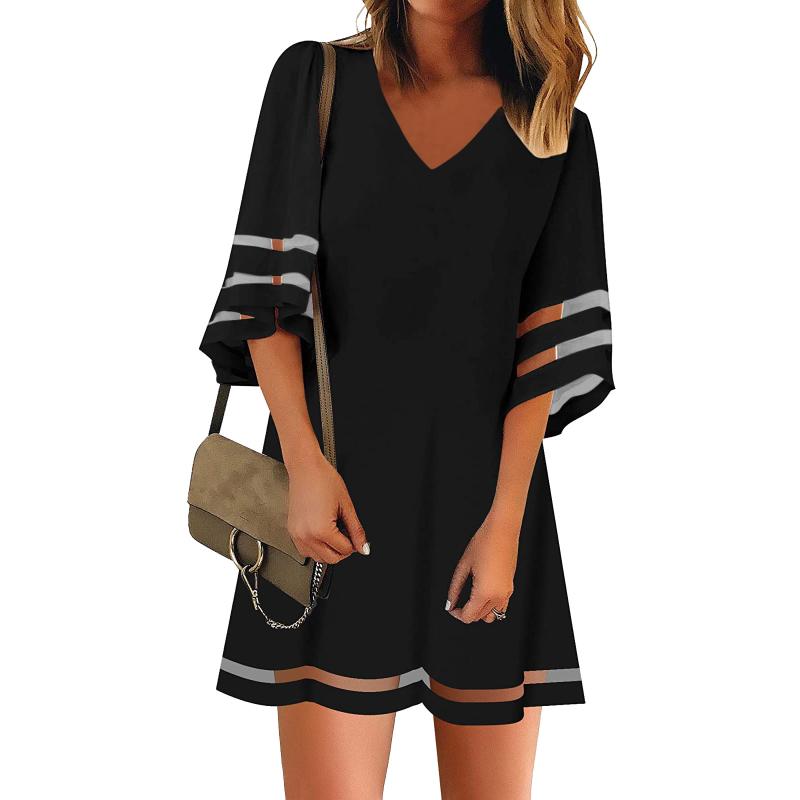 

Casual Dresses Dress Women Crewneck Mesh Patchwork 3/4 Bell Sleeve Mini Loose A-line V-Neck Summer, Black;gray