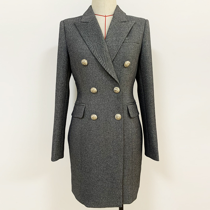 

Top Quality Original Design Women's Suit Working Dress Tailored Skirt Silver Metal Buckles Double-breasted Slim OL Style Back Zipper Gray Career Costume