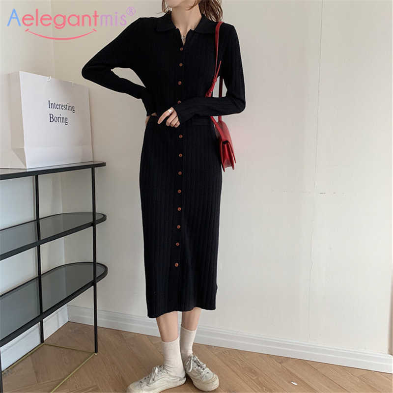 

Aelegantmis Turn Down Collar Simple Button Vintage Women Knit Dress Korean Fashion Single Breasted Sweater Slim Soft Chic 210607, Black
