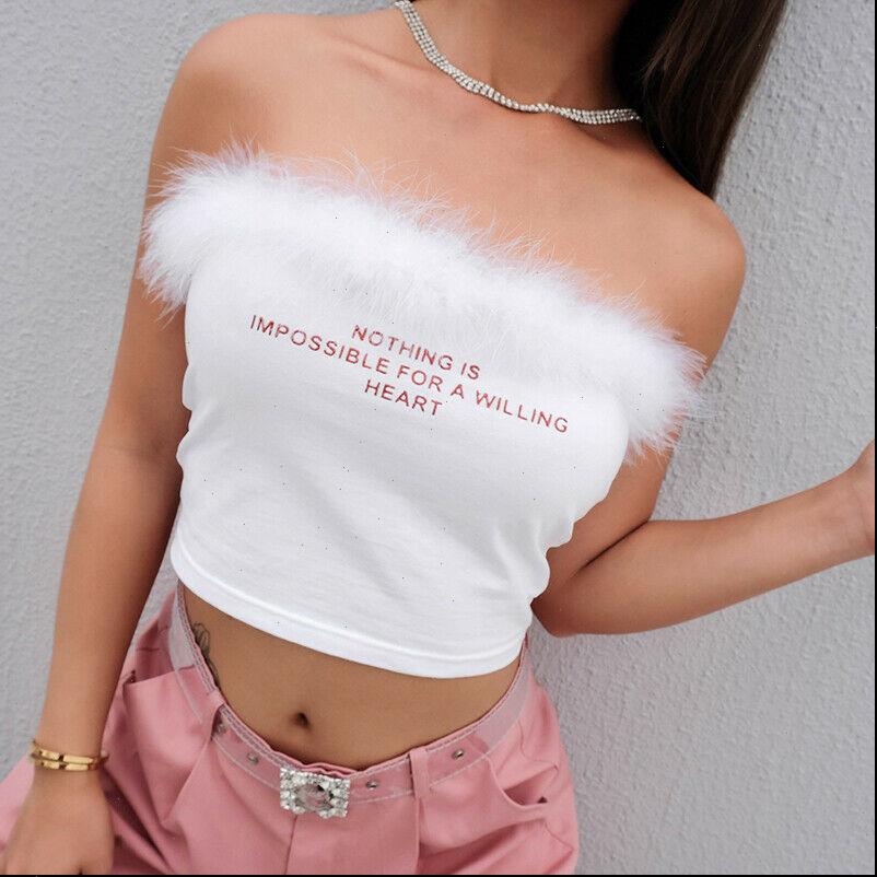 

women shirt strapless feather bandeau boob tube letter print crop casual cami blouse drop, White