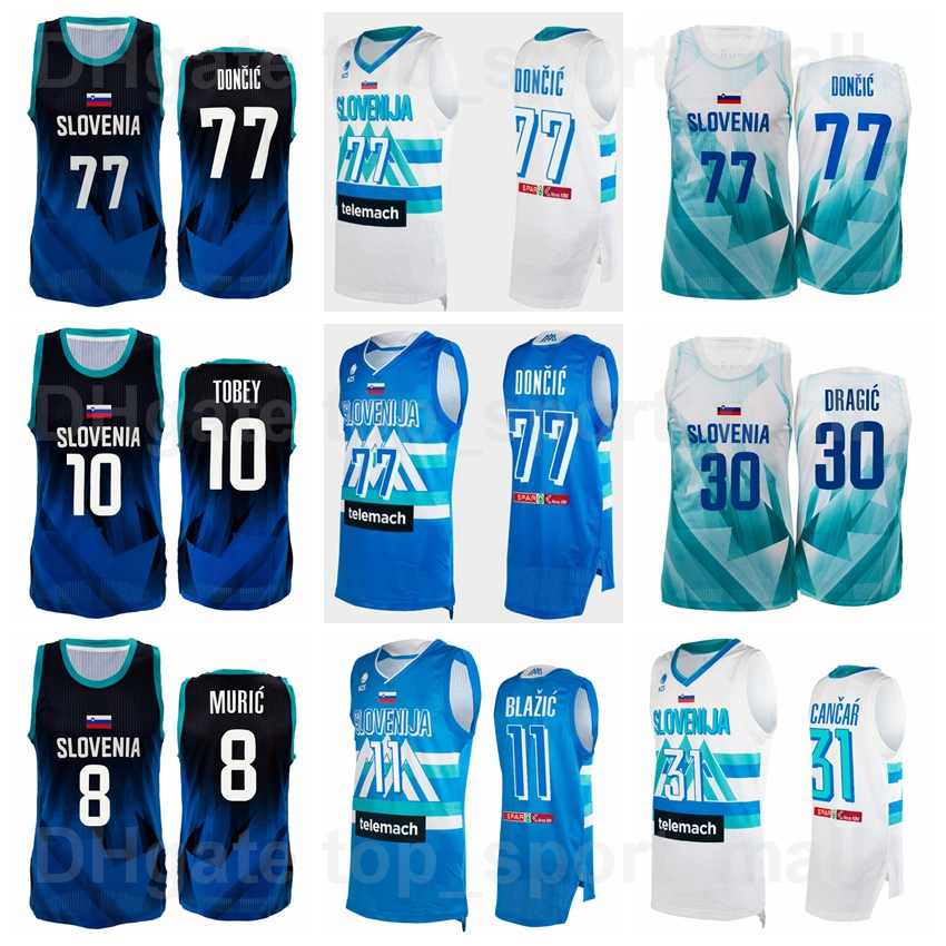 

Printed 2022 EuroBasket Slovenia Basketball Jersey Luka Doncic 77 3 Goran Dragic 10 Mike Tobey 11 Jaka Blazic 30 Zoran Dragic 8 Edo Muric Blue White National Team, With patch