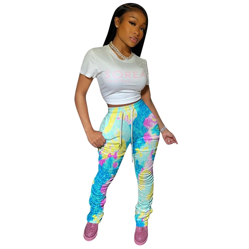 

Femme Pantalon Spring Autumn Colorful Printed Stacked Pants Women Casual Elastic Waist Drawstring Pantalones Mujer Cintura Alta 210604, Yellow