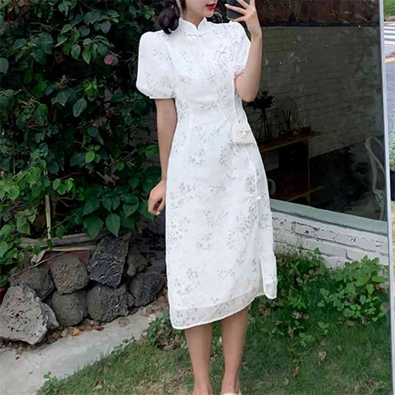 

Chinese Style Cheongsam Party Dress Women Short Puff Sleeve Bodycon Dresses Elegant Vintage Floral Print Female Vestidos 210519, Short white