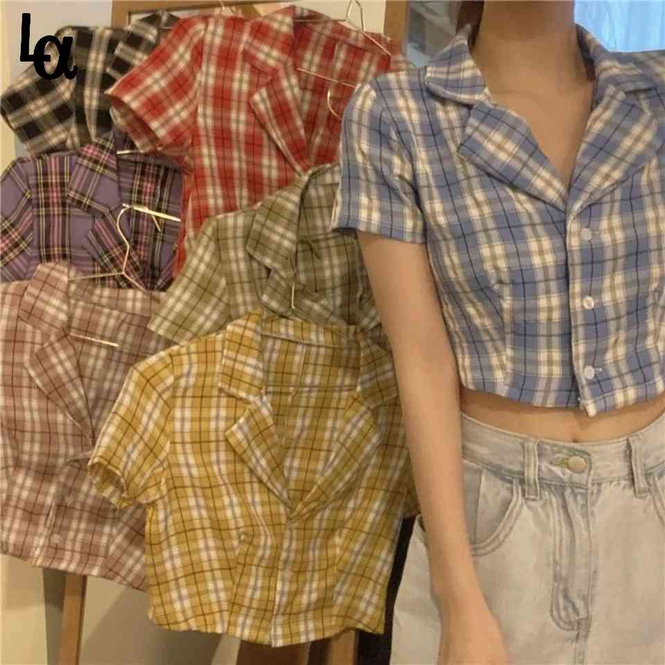 

Women Summer Plaid Turn Down Collar 7colors Sweet Crop Top All-match Korean Style Button Up Shirts Lady Streetwear 210519, Blue