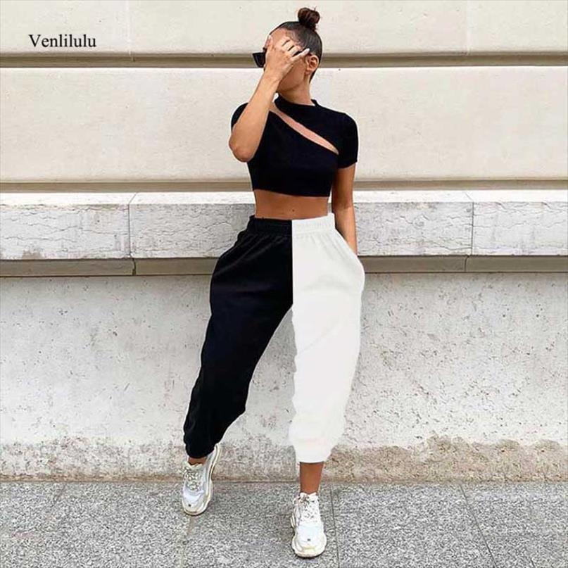 

half black white trousers women capri sweat baggy joggers high waist sweatpants for streetwear