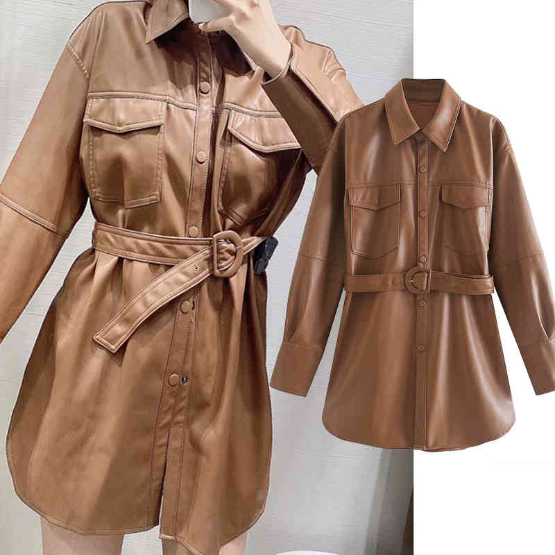 

Women's Down & Parkas Women Brown Soft Leather Jacket Dress Medium Length Slim Faux PU Coats Elegant Tie Belt Waist Pockets Outfit, Black