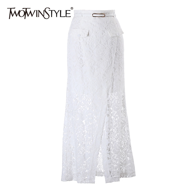 

White Elegant Patchwork Lace Skirt For Women High Waist Split Korean Slim Midi Skirts Female Clothing Fashion Style 210521, Black