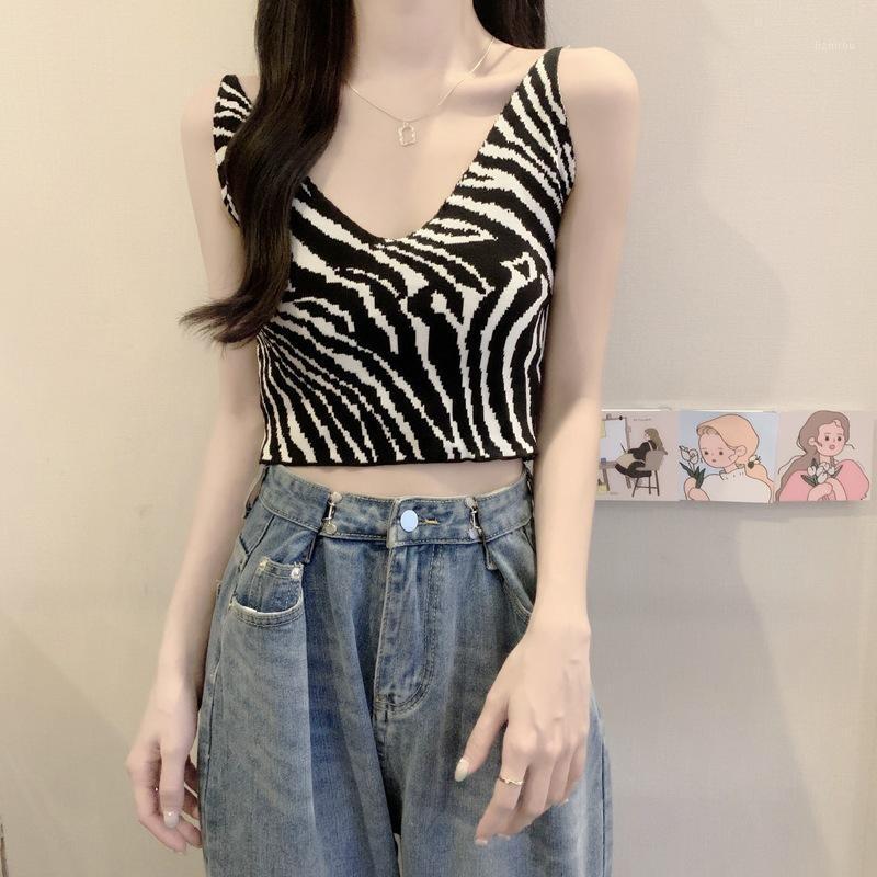 

Ice Silk Knitting Zebra Pattern Crop Top Women Vintage Backless Party Beach Camisole Summer Tube Vest Girls Streetwear Clothes Camisoles & T, Black