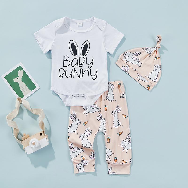

Clothing Sets 3PCS Baby Girls Summer Clothes Suit Letter Short Sleeve Snaps Romper Printed Long Pants Knot Beanie Hat Outfits, White