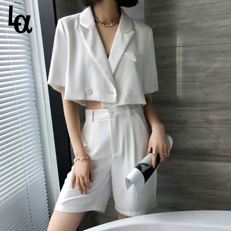 

Women Summer Elegant Loose White Blazer Female Double Breasted Short Blazers+High Waist Shorts Street Sets Fashion 210519, Black