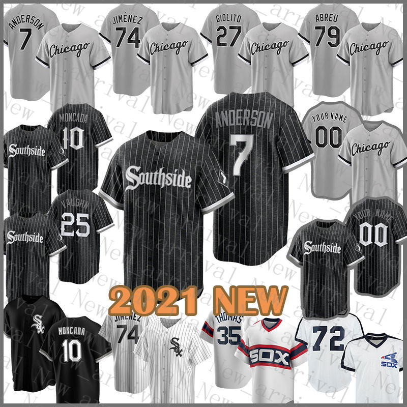 

Chicago Southside White Baseball Jersey Sox 7 Tim Anderson 74 Eloy Jimenez 27 Lucas Giolito 10 Yoan Moncada 25 Andrew Vaughn 73 Yermin Merce, Blue;black