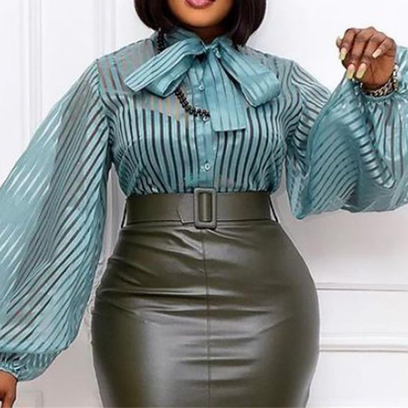 

Women' Blouses & Shirts Sexy Sheer Top Striped See Through Lantern Long Sleeve Bow Tie Button Up Women Shirt Office Lady Elegant Work Wear, Light blue