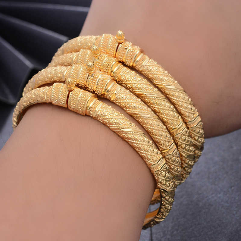 

Wando 4pcs/lot Queen Princess Dubai Gold Color Bangles for Women Vintage Bride Wedding Bracelet Bangles Africa Arab Jewelry Q0720