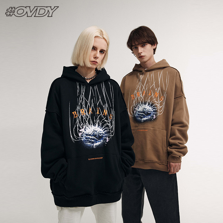 

wxwovdy 2021 autumn winter new trend personality brain control theme print loose hooded plush sweater men, Black
