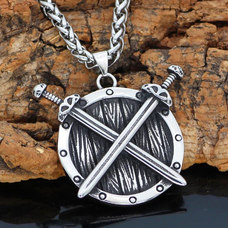 

Pendant Necklaces Men Nordic Viking Shield Sword Talisman Rune Necklace Stainless Steel With Gift Bag
