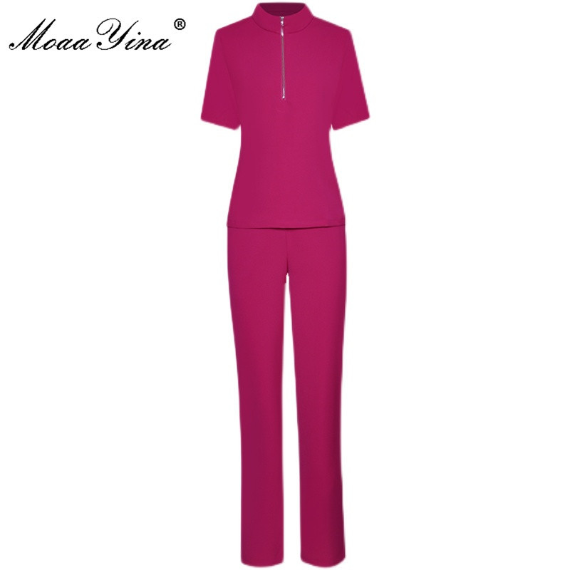 

Fashion Designer Solid Pant Set Summer Women Short sleeve Stand-up collar Tops and High waist Long Pants Two-piece suit 210524, Rose red