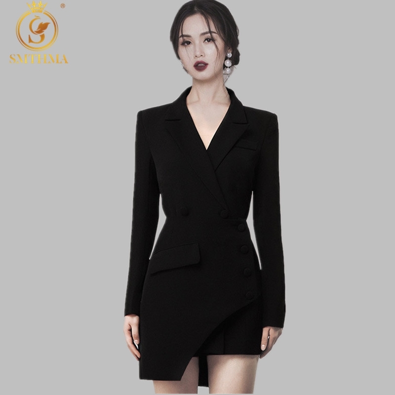 

Fashion Spring Black Single-Breasted Korea 2 Piece Sets Women Notched Asymmetry Skirt Suit 210520, Photo color