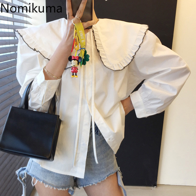 Nomikuma Korea Spring Chic Blouses Lace Up Peter Pan Collar Women Tops New Puff Sleeve Causal Sweet Blusas Femme 6F651 210427
