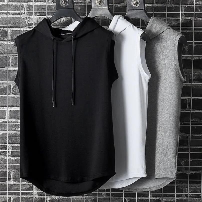 

summer mens muscle hoodie vest sleeveless bodybuilding gym workout fitness shirt fashion hip hop sweatshirt, White;black