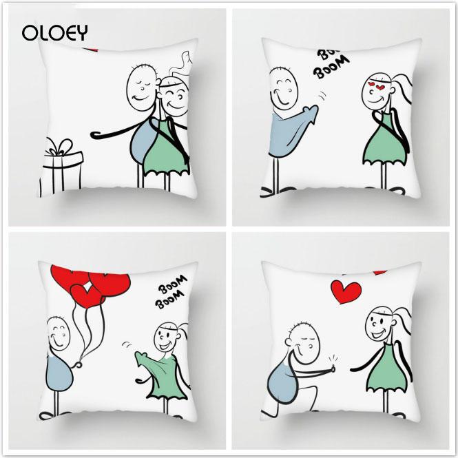 

Cartoon Couple Print Square Polyester Cushion Cover Home Bedroom El Car Decoration Soft And Comfortable 45x45cm Cushion/Decorative Pillow