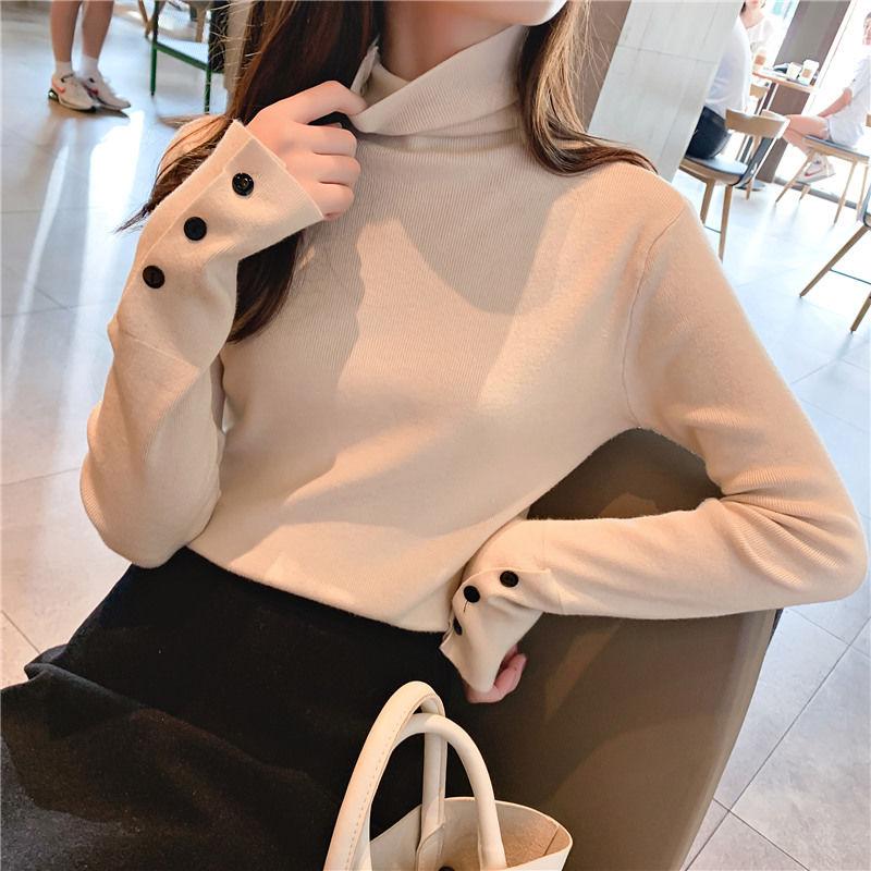 

Women' Turtleneck Sweater Pullovers Warm Thin Stretch Winter Buttons Long Sleeve Knitwear Autumn Female Sweaters Jumper, Green