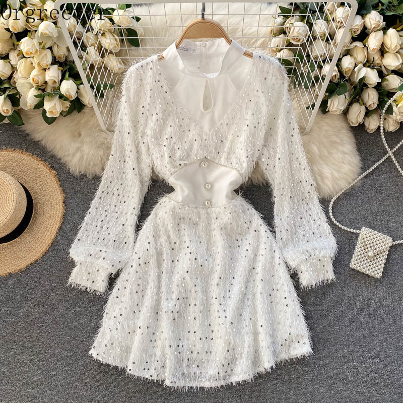 

Chic Splicing Shinny Sequin Tassel Long Sleeve Dress for Women Spring O-Neck Hollow out Mini Elegant Party Robe Female 210525, White