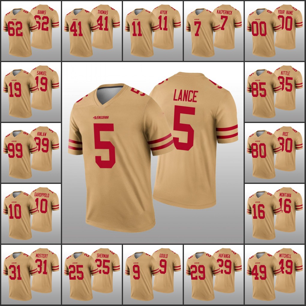 

San Francisco49ersMen Women Youth #5 Trey Lance 85 George Kittle 16 Joe Montana 11 Brandon Aiyuk Custom Gold Inverted Legend Jersey