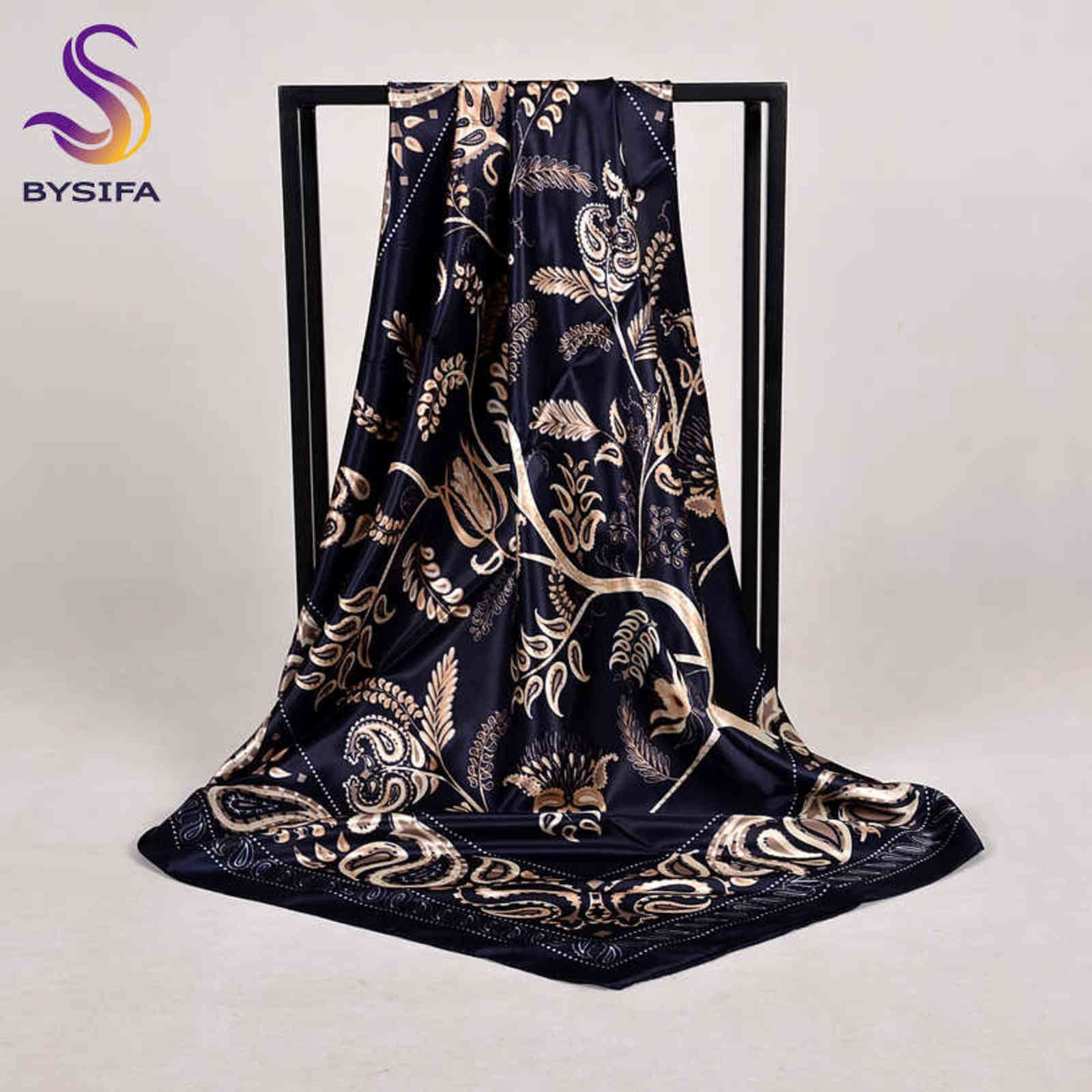 

[BYSIFA] New Women Satin Silk Scarf Shawl Fashion Accessories Brand Navy Blue Large Square Scarves Muslim Head Scarf Foulard Y1108