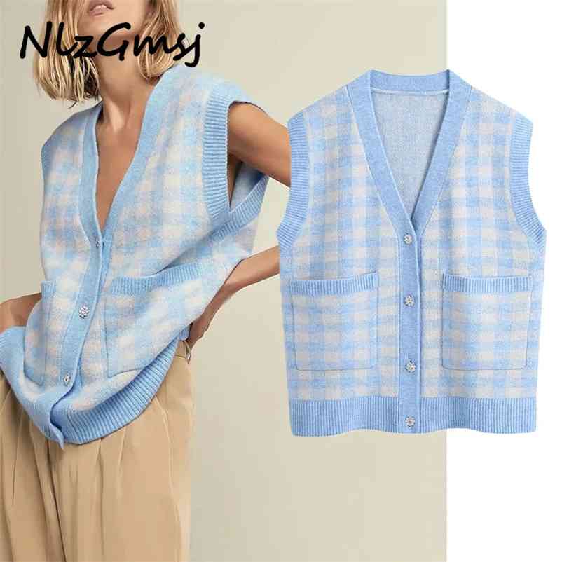 

Sweater Women Spring Autumn Soft Knitted Plaid ZA Vest Button Elastic V-Neck Pocket Pullover Swearters 210628, As picture