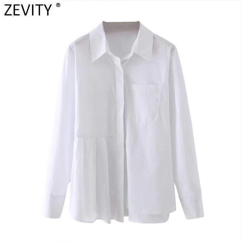 

Zevity Women Hem Pleated Irregular Design White Smock Blouse Office Ladies Long Sleeve Pocket Shirt Chic Blusas Tops LS7693 210603, As pic ls7696gl