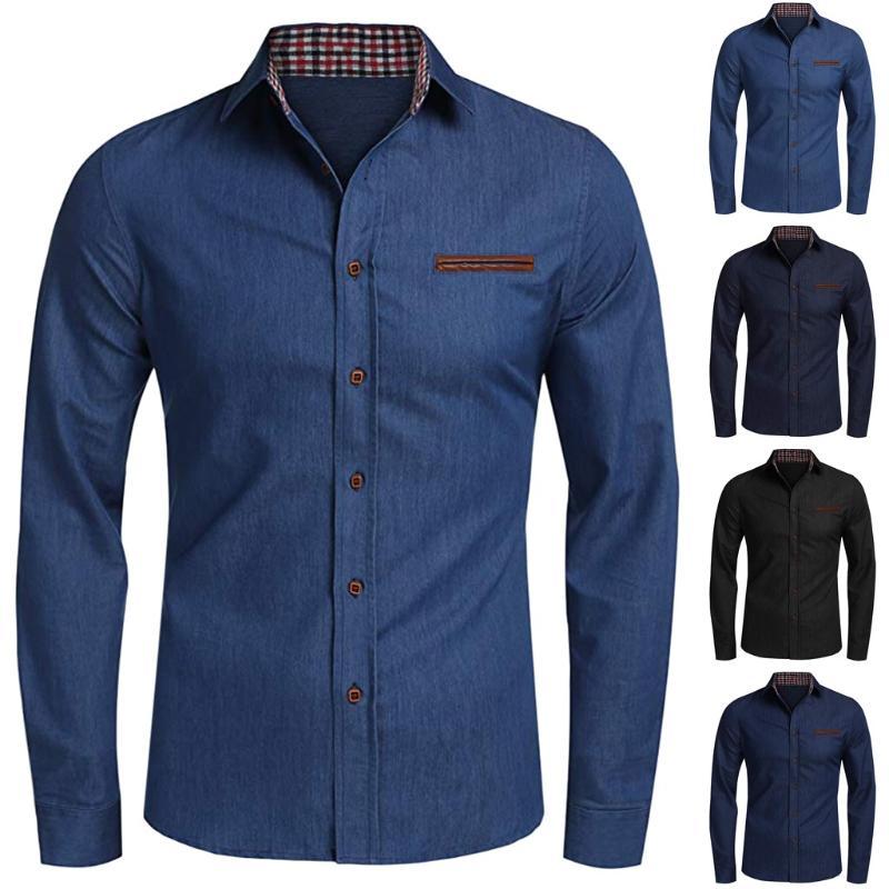 

Turn-down Collar Business Dress Shirts Mens Casual Button Trun-down Collar Denim Long Sleeve Shirts Tops Asian Size, White;black