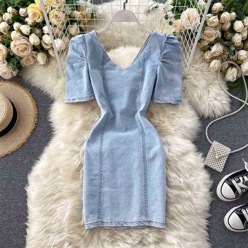 

Women Vintage Dress Fashion Sexy V Neck Slim Bodycon es Summer Backless Short Denim Robe Prom-dresses 210525, Sky blue