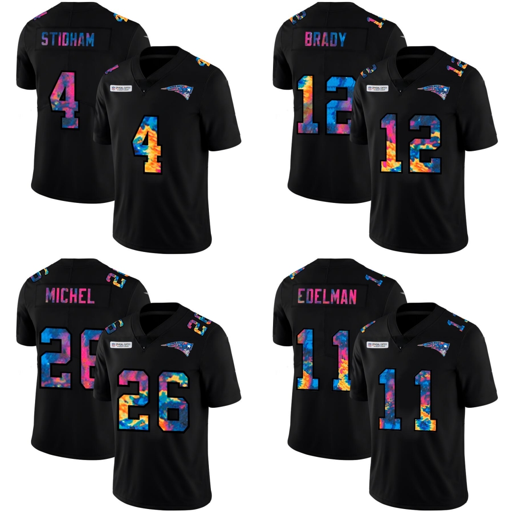 

New EnglandPatriotsMen #4 Jarrett Stidham 26 Sony Michel 11 Julian Edelman Multi Color Black Crucial Catch Women Youth Jersey, Black;red