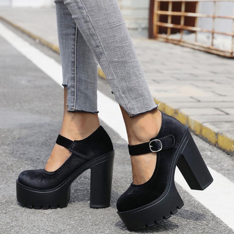 

Dress Shoes GIGIFOX Brand Great Quality Gothic Style Mary Janes Block High Heels Platform Black Cool Spring Summer Pumps Woman