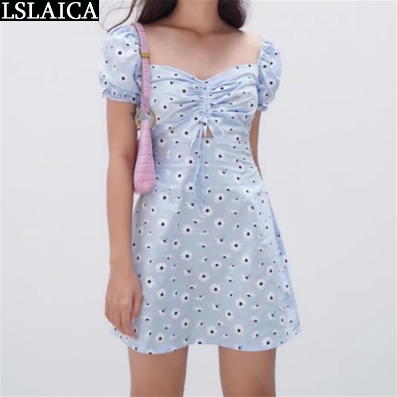 

Elegant Dress Short Sleeve Square Collar Daisies Printting Dresses Mini Casual Drawstring Women Summer Clothes For 210520, Red