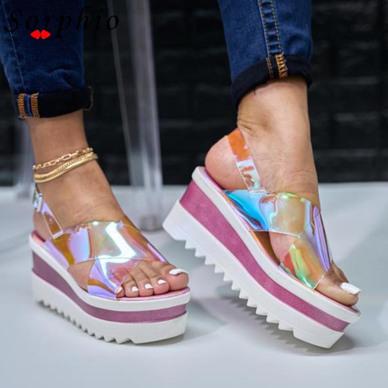 

Dress Shoes 2021 Summer Sandals For Women Solid Sequins Buckle Strap Platform Bling Heels Concise Leisure PVC Clear Simple Punk, Black
