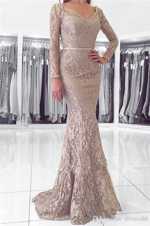 

2021 Mother Of The Bride Dresses Lace Long Sleeves Mermaid Floor Length Evening Gray V Neck Formal Dress
