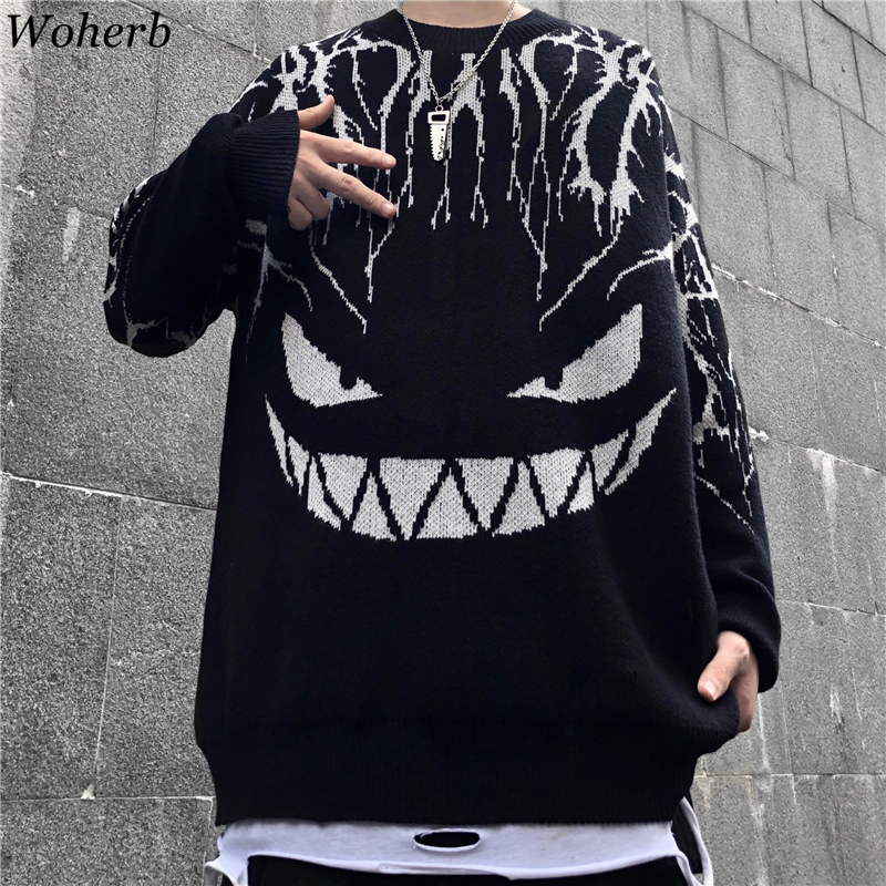 

Woherb Harajuku Bla Sweater Women Men Lightning Devil Knitted Jumper Oversize Pullover Hip Hop Streetwear 2021 Autumn Sweaters, Black