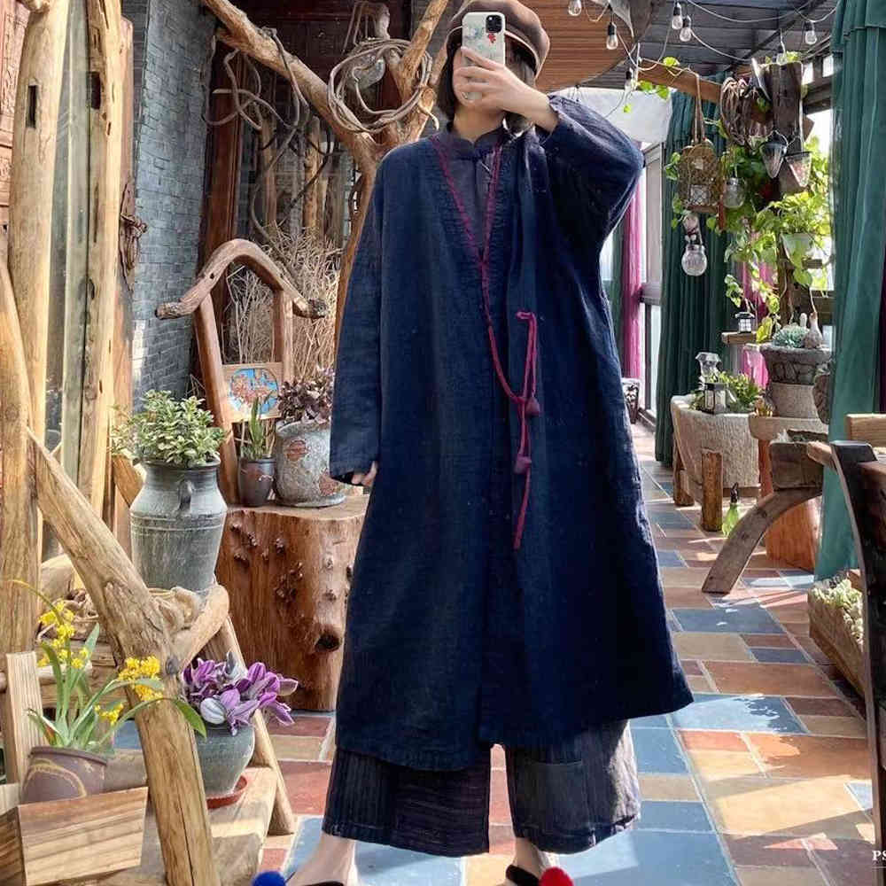 

Johnature Women Vintage Linen Trench V-Neck Long Sleeve Spring Button Solid Color Patchwork High Quality Female Coats 210521, Dark blue