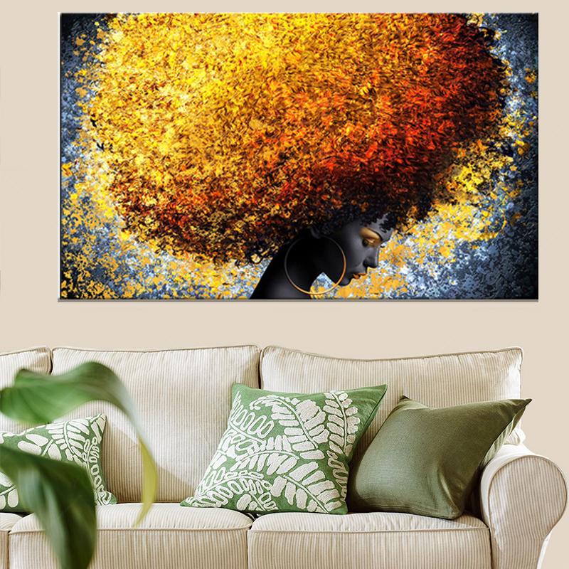 

Paintings Black African Woman Abstract Canvas Posters And Prints Golden Wild-Curl Up On The Wall Art Pictures