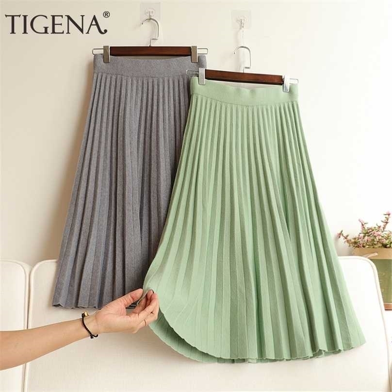 

TIGENA Korean School Knit Midi Skirt Women Fashion Autumn Winter Casual Knee Length High Waist Pleated Female Green 211109, Apricot