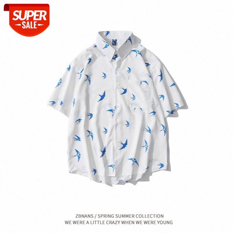 

Street swallow full printed shirt male Japanese loose casual all-match BF wind lapel half-sleeved #Ia6g, White;black