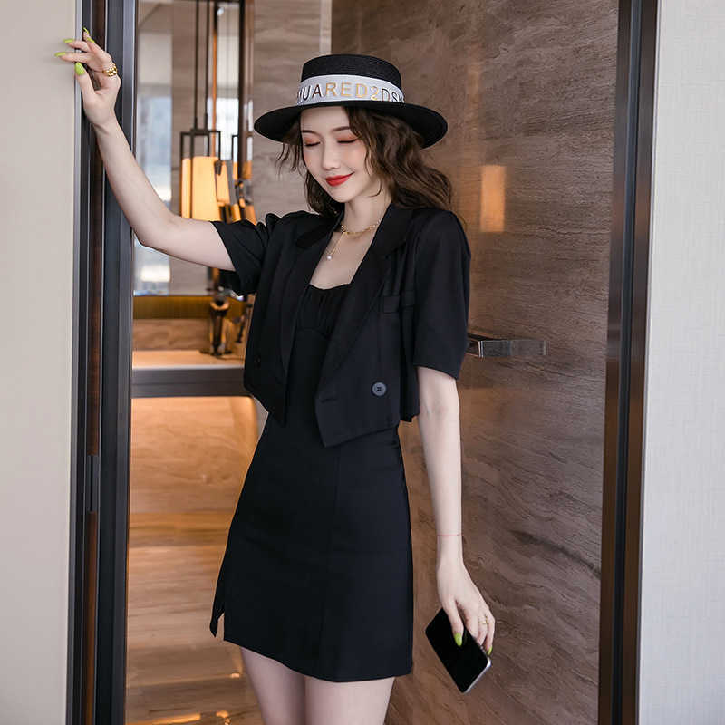 Small and Tall Suit 2021 Summer Black Suspender Skirt Short Fried Street Blazer Drs Two Piece Set-image-702226868
