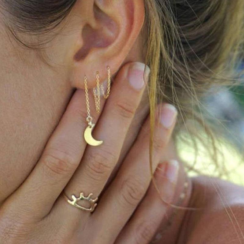 Dangle & Chandelier Threader Earrings Long Gold Chain Moon-image-703684737