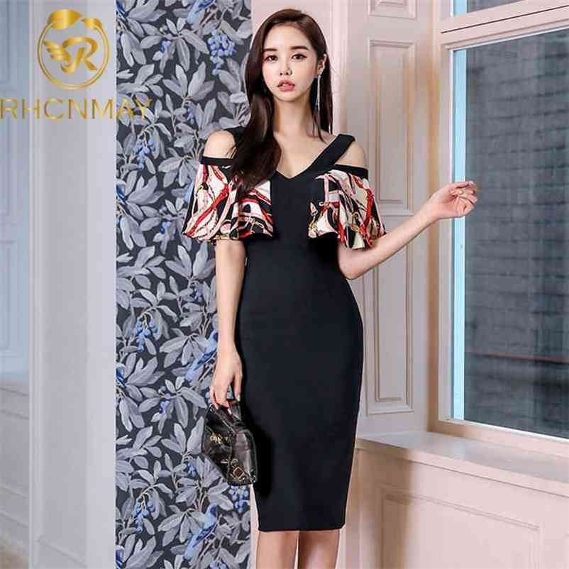 

Korea Sexy Print Patchwork Pencil Dress Women Summer Retro Hollow Out Sheath es OL Off Shoulder Party 210520, Black